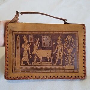 Vintage 40s Tooled Leather Egyptian Tourist Bag Purse Royal Pharoah Art Deco